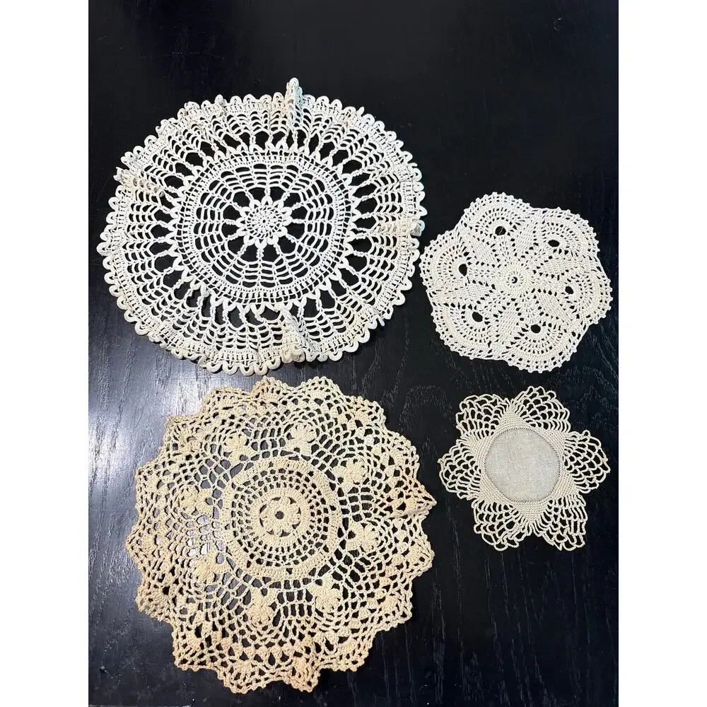 Vintage- Cottage Doilies Squares Assorted Lot of 4- tan beige- Shabby Chic
